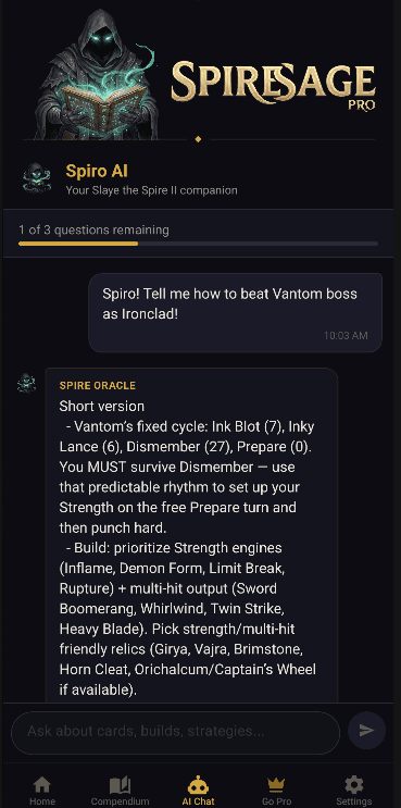 AI strategy coach Spiro answering a Slay the Spire 2 build question in SpireSage app