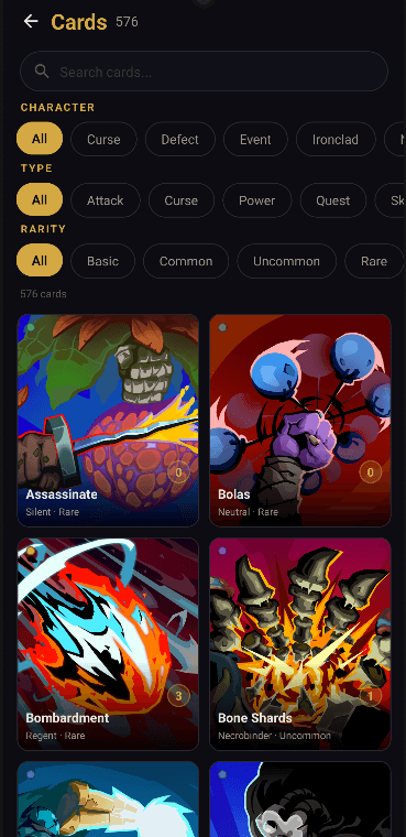 SpireSage card browser showing all 576 Slay the Spire 2 cards filterable by character, cost, and rarity